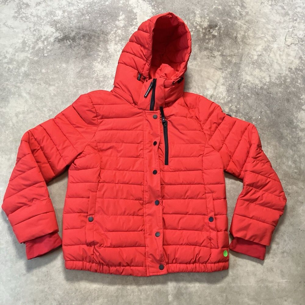 Bcbgmaxazria Jacket Womens Large Red Quilted Puffer Hooded Pockets Feather Free